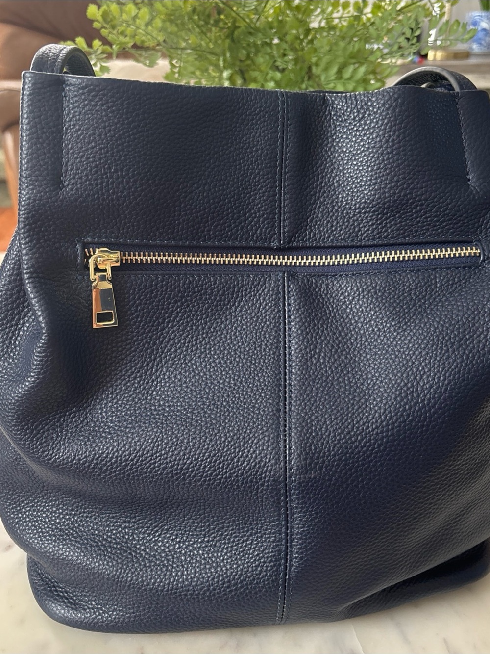 Classic Katee Navy leather Pebbled Hobo Bag with Gold Zip Accent
